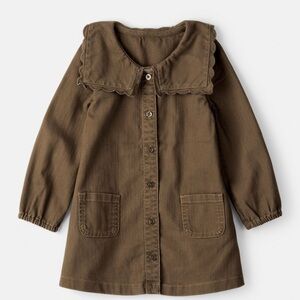 Brown Button-Up Dress with Scalloped Collar